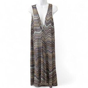 Women’s Long Maxi Duster Top Chevron print long sleeveless boho chic 70s hippie